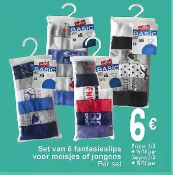 Set van 6 fantasieslips voor meisjes of jongens