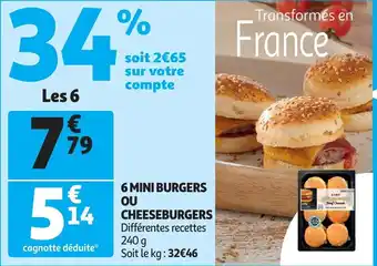 Auchan 6 mini burgers ou cheeseburgers differentes recettes 240g aanbieding