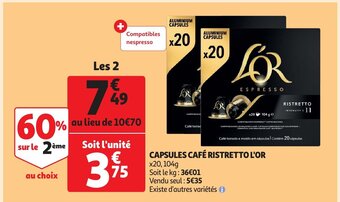 Auchan Capsules cafe ristretto l'or x20, 104g aanbieding