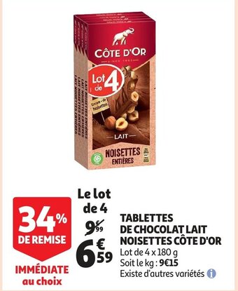 Auchan Tablettes de chocolat lait noisettes cote d'or 4 x 180g aanbieding