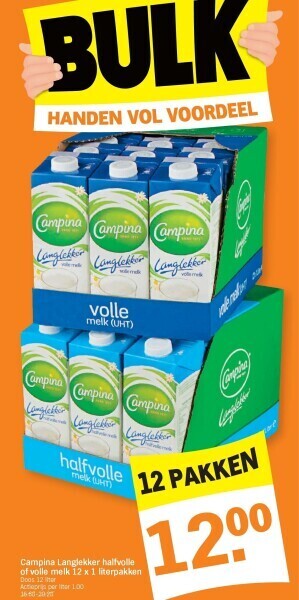 Albert Heijn Campina langlekker halfvolle of volle melk 12 x 1 literpakken aanbieding