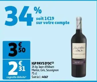 Auchan J.A by Jean d'Alibert Merlat, Gris, Sauvignon IGP Pays D'Oc 75cl aanbieding