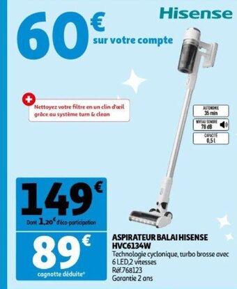 Auchan Hisense Aspirateur Balai HVC6134W aanbieding