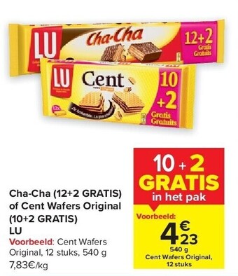 Carrefour Cha-cha (12+2 gratis) of cent wafers original (10+2 gratis) lu aanbieding