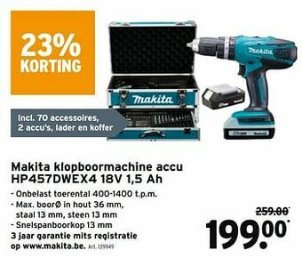 GAMMA Makita klopboormachine accu hp457dwex4 18v 1,5 ah aanbieding