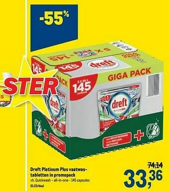 Makro Dreft platinum plus vaatwastabletten quickwash - all-in-one aanbieding
