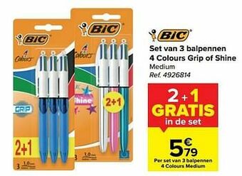 Carrefour Set van 3 balpennen 4 colours grip of shine medium aanbieding