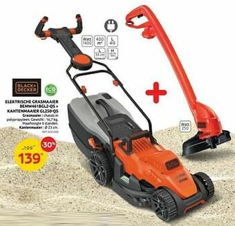 Brico Black + decker elektrische grasmaaier bemw461bgl2-qs + kantenmaaier gl250-qs aanbieding
