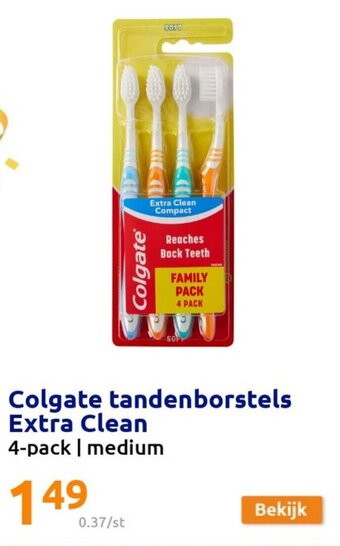 Action Colgate tandenborstels extra clean 4-pack medium aanbieding