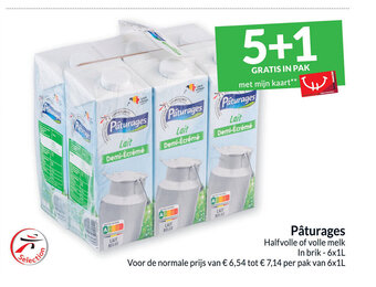 Intermarché Paturages halfvolle of volle melk in brik- 6x1L aanbieding