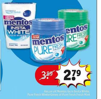 Kruidvat Mentos Insta White, Pure Fresh WinterGreen Of Pure Fresh Fresh Mint aanbieding