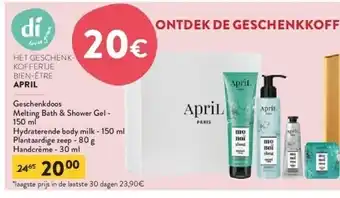 April geschenkdoos melting bath & shower gel - 150 ml hydraterende body milk - 150 ml plantaardige zeep - 80 g handcrème - 30