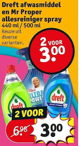 Kruidvat Dreftafwasmiddel En Mr Proper Allesreiniger Spray aanbieding
