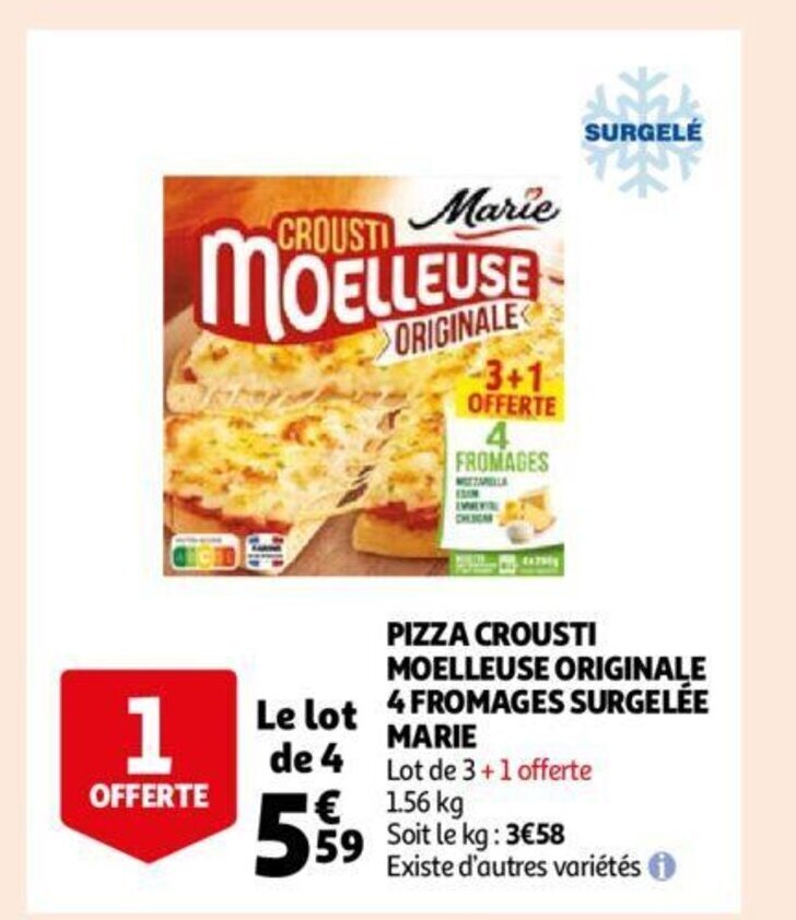 Pizza Crousti Moelleuse Originale 4 Fromages Surgelee Marie promotie bij Auchan