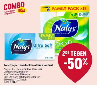 Delhaize Nalys toiletpapier doos zakdoeken ultra soft 2 x 140 stuks aanbieding