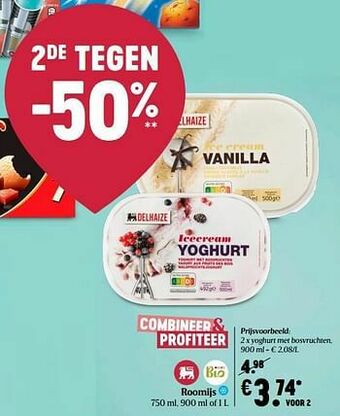 Delhaize Roomijs yoghurt met bosvruchten aanbieding
