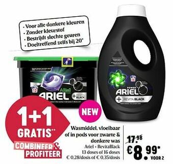 Delhaize Wasmiddel, vloeibaar of in pods voor zwarte + donkere was ariel + revitablack aanbieding