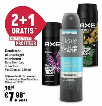 Delhaize Deospray, clean comfort, dove men+care aanbieding