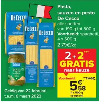 Carrefour Market De Cecco Pasta, Sauzen en Pesto Alle Soorten 4 x 500g aanbieding