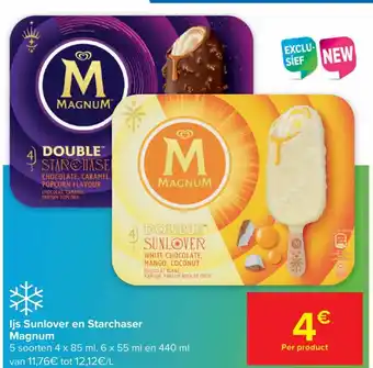 Carrefour Market Magnum Ijs Sunlover en Starchaser 5 Soorten 4 x 85ml x 6 x 55ml en 440ml aanbieding