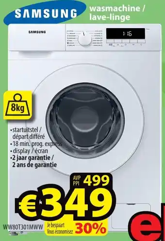 ElectroStock Samsung wasmachine/ lave-linge 8 kg, WW80T301MWW aanbieding