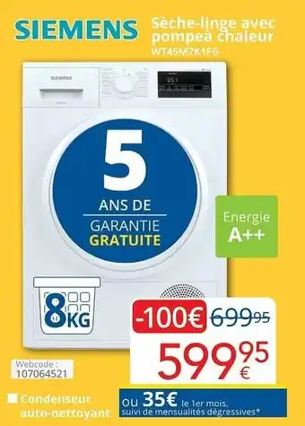 Eldi Siemens Seche-linge avec pompea chaleur WT45M2K1FG aanbieding