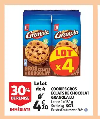 Auchan LU granola gros eclats de chocolat cookies 4 x 184 g aanbieding