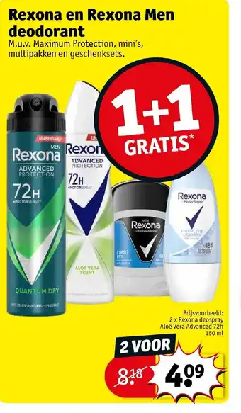 Kruidvat Rexona deospray aloe vera advanced 72h 2 x 150ml aanbieding