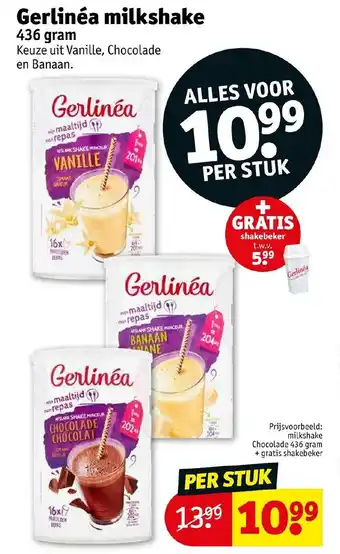 Kruidvat Gerlinea Milkshake chocolade 436 gram + gratis shakebeker per stuk aanbieding