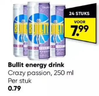 Big Bazar Bullit energy drink crazy passion, 250 ml per stuk aanbieding