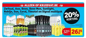 Kruidvat Zwitsal, axe, dove, dove men, sunlight, robijn, sun, coral, timotei en signal multipak aanbieding