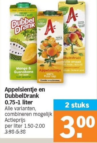 Albert Heijn Appelsientje en dubbeldrank 0.75-1 liter aanbieding