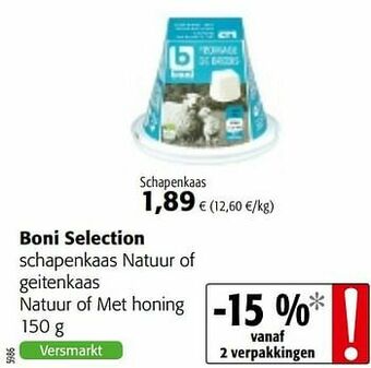 Colruyt Boni selection schapenkaas natuur of geitenkaas natuur of met honing aanbieding