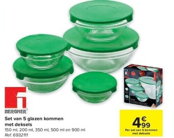 Carrefour Set van 5 glazen kommen met deksels aanbieding