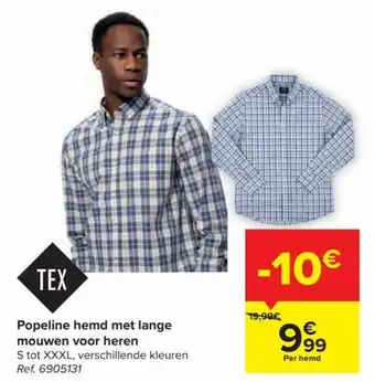 Carrefour Tex Popeline Hemd met Lange Mouwen voor Heren aanbieding