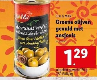 Lidl Sol & mar groene olijven gevuld met ansjovis aanbieding
