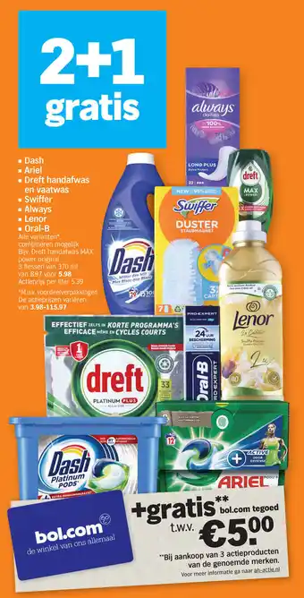 Albert Heijn Dash, ariel, dreft handafwas en vaatwas, swiffer, always, lenor, oral-b 3 flessen van 370ml aanbieding