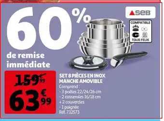 Auchan Set 8 pieces en inox manche amovible aanbieding