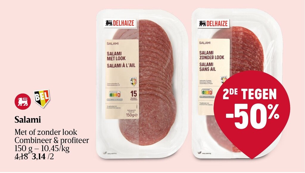 Salami met of zonder look 150g promotie bij Delhaize