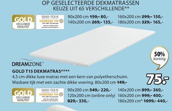 Jysk Dreamzone Gold T15 Dekmatras 80 x 200cm aanbieding