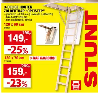 Hubo Stunt 3-delige houten zoldertrap optistep 120 x 60cm aanbieding