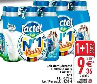 Cora Lait demi-écrémé halfvolle melk lactel 2 (6X1L) aanbieding