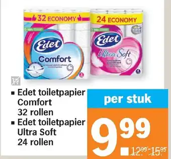 Albert Heijn Edet toiletpapier comfort 32 rollen en edet toiletpapier ultra soft 24 rollen aanbieding