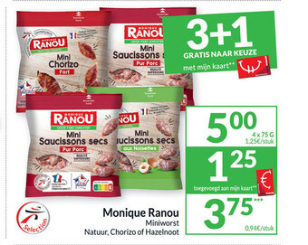 Intermarché Monique Ranou Miniworst Natuur, Chorizo of Hazelnoot aanbieding