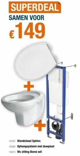 Wandcloset sphinx + ophangsysteem met duwplaat + wc zitting boreo wit