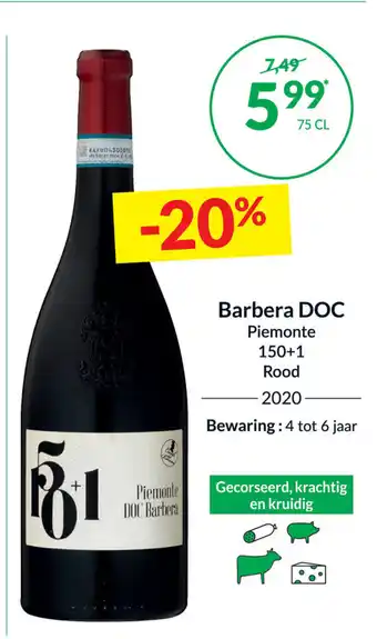 Intermarché Piemonte barbera doc 150+1 rood 2020 75 cl aanbieding