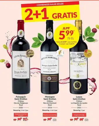 Intermarché Puisseguin saint-émilion château clos des réligieuses rood 2020, montagne saint-émilion château rocs de marchand rood 2018, l aanbieding