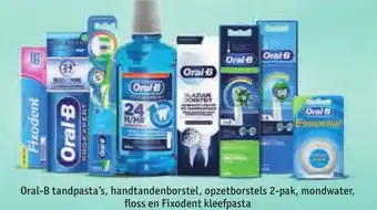 Kruidvat Oral-b tandpasta's, handtandenborstel, opzetborstels 2-pak, mondwater, floss en fixodent kleefpasta aanbieding