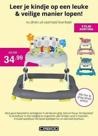 Baby & Tiener Deze gave loopstoel is verkrijgbaar in de kleuren grijs, roze en blauw aanbieding