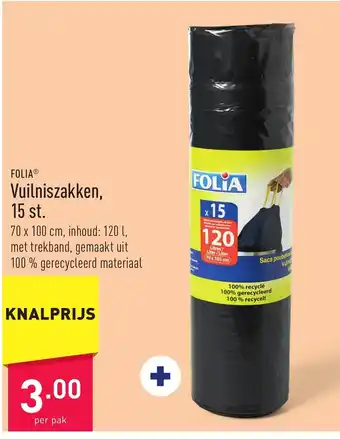 ALDI Folia Vuilniszakken 15st. 70 x 100cm 120L per pak aanbieding